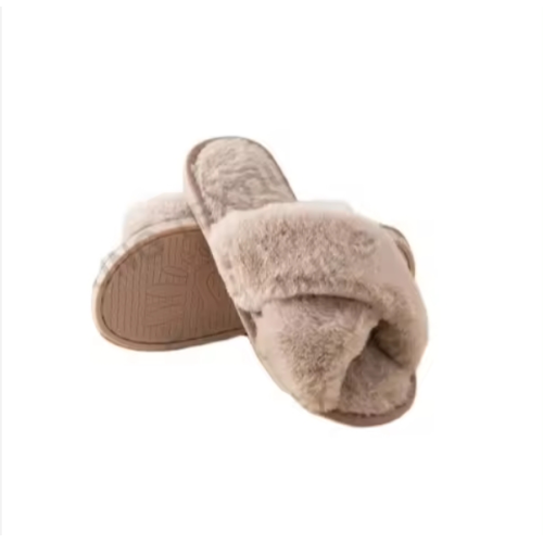 Fung Stock Woman Cross Strap TPR Sole Fluffy Fuzzy Indoor Plush Faux Fur Slippers